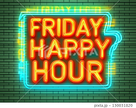 Friday happy hour neon sign glowing brightly on a brick wall 130031820