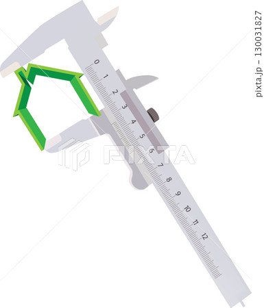 Caliper measuring green house icon symbolizing ecological housing 130031827