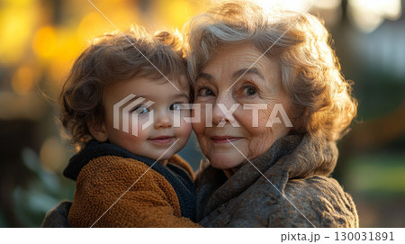 Joyful grandmother holding her adorable grandchild in a warm embrace  Joyful grandmother holding her adorable grandchild in a warm embrace  130031891