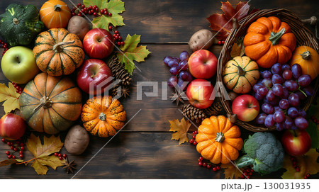 秋の収穫物と木目背景の盛り合わせ 130031935