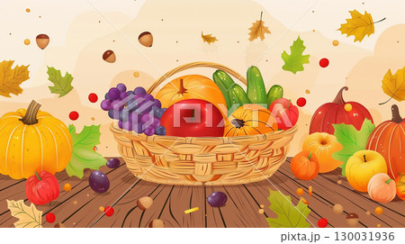 秋の果物と野菜のバスケットイラスト 130031936