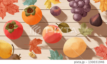 秋の果物と落ち葉のフラットレイ 130031946