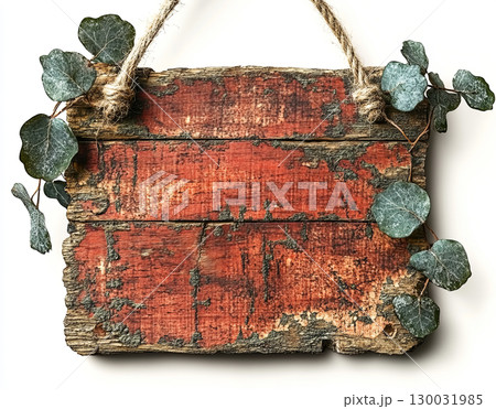 Rustic wooden sign with weathered red paint and green leaves 130031985