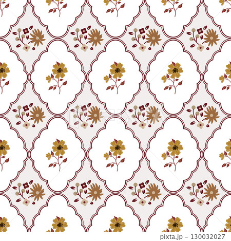 Rustic Meadow autumn fall Flowers and scallop rhombuses Vector Seamless Pattern. Cottagecore Garden Flowers print 130032027