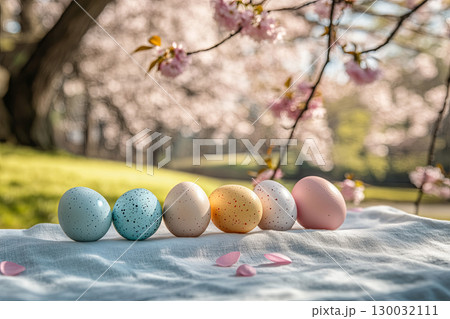 Colorful Easter eggs arranged on a soft cloth...のイラスト素材 [130032111] - PIXTA