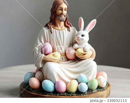 Jesus figurine with bunny and colorful eggs representing Easter celebration 130032113