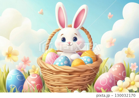 Cute bunny sitting in a basket filled with colorful Easter eggs  Cute bunny sitting in a basket filled with colorful Easter eggs  130032170
