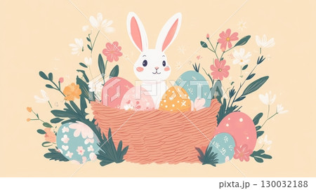 Cute bunny surrounded by colorful Easter eggs and flowers in a joyful spring  130032188