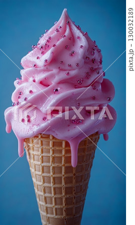 Delicious pink soft serve ice cream cone topped with colorful sprinkles  130032189