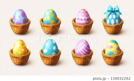 Colorful Easter eggs in decorative baskets showcasing vibrant patterns  130032262