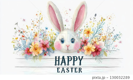 Easter bunny surrounded by colorful flowers and greenery 130032289