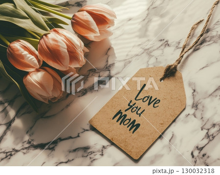 pink tulips arranged beside a heartfelt message tag expressing love for mom 130032318