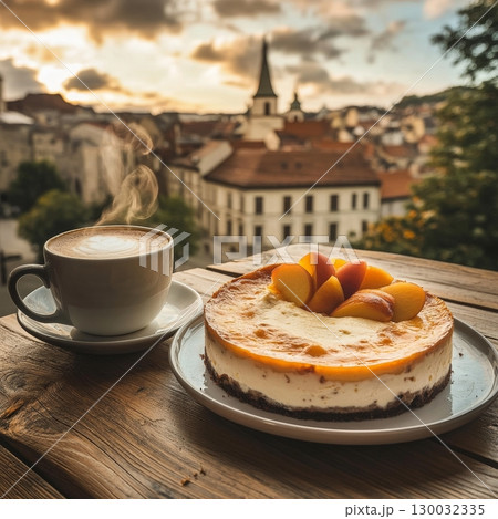 Delicious cheesecake topped with fresh peaches served with coffee Delicious cheesecake topped with fresh peaches served with coffee 130032335