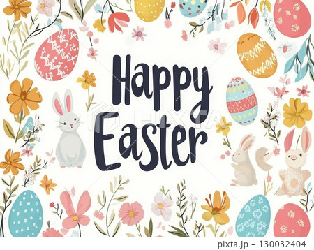 Happy Easter Floral Illustration With Bunnies And Eggs 130032404