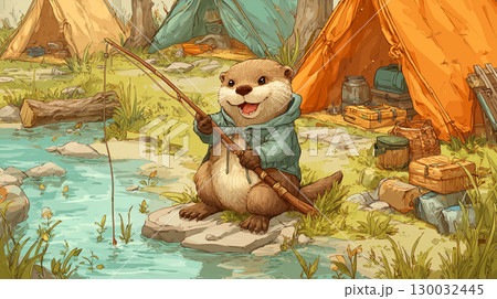 キャンプ場の川で魚釣りするコツメカワウソ 130032445