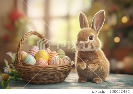 Adorable Bunny with Easter Eggs 130032486