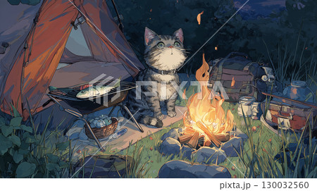 キャンプ場で焚き火をするネコのイラスト素材 [130032560] - PIXTA