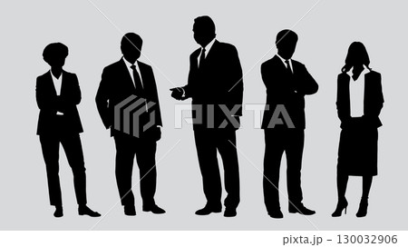Set of business people silhouettes. A collection of diverse businessmen and businesswomen in formal suits, showing various poses. Vector illustration of a corporate team. Set of business people silhouettes. A collection of diverse businessmen and businesswomen in formal suits, showing various poses. Vector illustration of a corporate team. 130032906