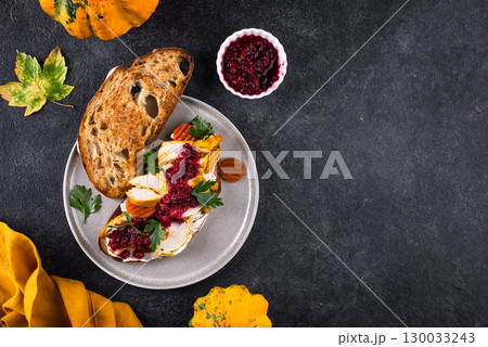 Leftover Thanksgiving day sandwich with turkey Leftover Thanksgiving day sandwich with turkey 130033243