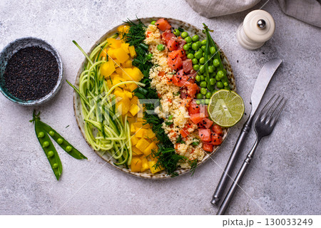 Healthy bowl with salmon and vegetables Healthy bowl with salmon and vegetables 130033249