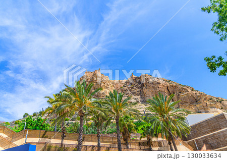 Mount Benacantil rock with Castell de Santa Barbara castle and Parque de La Ereta park with palm trees in old town Alicante city historical centre in sunny summer day, Valencian Community, Spain 130033634