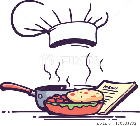 Vsai chef toque over frying pan and menu with hot steaming food Vsai chef toque over frying pan and menu with hot steaming food 130033832
