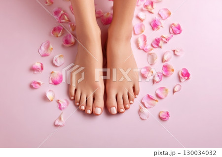 Woman's beautiful bare feet against a pink background. The soles and well-groomed toes and rose petals scattered around. Perfect skin tone. Pastel-colored backdrop for beauty and skin care advertising 130034032