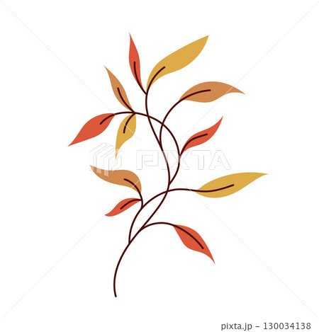 Bright autumn branch with red and yellow leaves in flat minimal style. Ideal for postcards, posters, fabric patterns, stickers, branding and seasonal design. Vector illustration, decorative style. 130034138