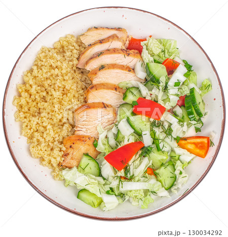 Healthy balanced plate with grilled chicken, bulgur, and fresh vegetable salad Healthy balanced plate with grilled chicken, bulgur, and fresh vegetable salad 130034292