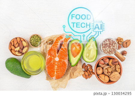 Healthy food ingredients with AI technology concept for modern nutrition and food tech, top view. copy space Healthy food ingredients with AI technology concept for modern nutrition and food tech, top view. copy space 130034295