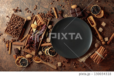 Various spices and seasonings for making aromatic coffee-based drinks. 130034318