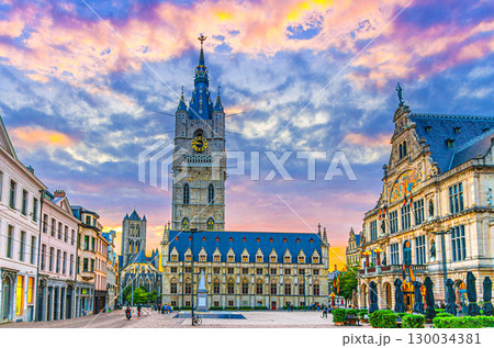 Belfry of Ghent Het Belfort van Gent medieval bell tower watchtower, Cloth hall Lakenhalle and Royal Dutch Theatre on Saint Bavo square Sint-Baafsplein in Ghent city historical center, Belgium Belfry of Ghent Het Belfort van Gent medieval bell tower watchtower, Cloth hall Lakenhalle and Royal Dutch Theatre on Saint Bavo square Sint-Baafsplein in Ghent city historical center, Belgium 130034381