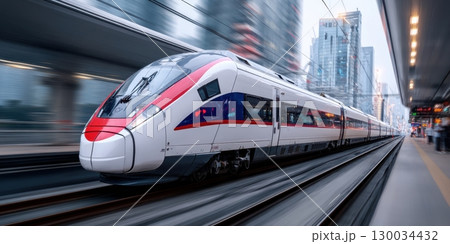 Electric passenger red gray train drives at high speed among urban landscape. Modern high speed commuter train on the railway station and colorful sky at sunset in Europe. Railroad background 130034432