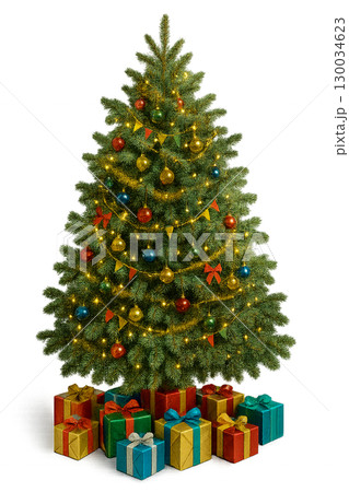 A Beautiful and Fully Decorated Christmas Tree with a Large Pile of Colorfully Wrapped Gifts and Sparkling Lights on a White Background. A Beautiful and Fully Decorated Christmas Tree with a Large Pile of Colorfully Wrapped Gifts and Sparkling Lights on a White Background. 130034623