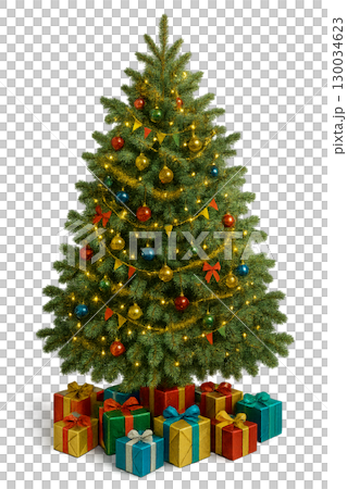 A Beautiful and Fully Decorated Christmas Tree with a Large Pile of Colorfully Wrapped Gifts and Sparkling Lights on a White Background. A Beautiful and Fully Decorated Christmas Tree with a Large Pile of Colorfully Wrapped Gifts and Sparkling Lights on a White Background. 130034623
