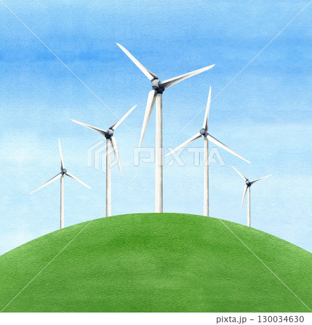 Wind turbines, green hill, blue sky. Windmills, field. Renewable energetic source. Alternative generator energy. Watercolor illustrarion environmental conservation for website design, cards, articles 130034630