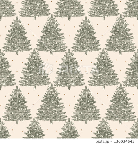 Vintage vector pattern of Christmas tree. New Year green pines on beige pastel background with golden stars. Christmas retro pattern. Vintage Christmas. Vector illustration. Vintage vector pattern of Christmas tree. New Year green pines on beige pastel background with golden stars. Christmas retro pattern. Vintage Christmas. Vector illustration. 130034643