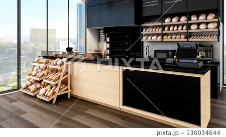 Modern Bakery Shop and Caf Interior with Bread Display and Coffee Counter, 3d Rendering 130034644
