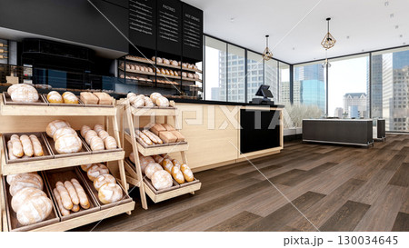 Modern Bakery Shop and Caf Interior with Bread Display and Coffee Counter, 3d Rendering 130034645