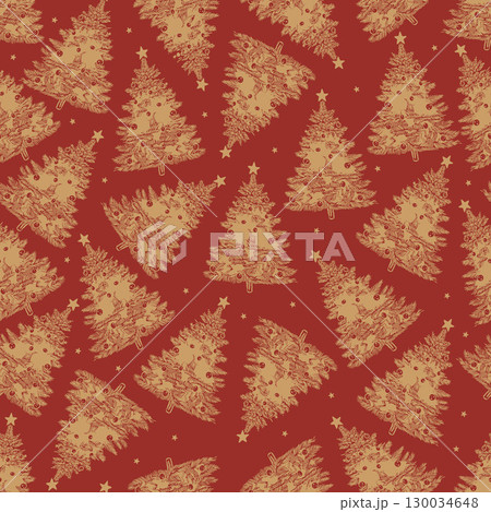 Vintage vector pattern of Christmas tree. New Year golden pines on red background with stars. Christmas retro pattern. Vintage Christmas. Vector illustration. 130034648