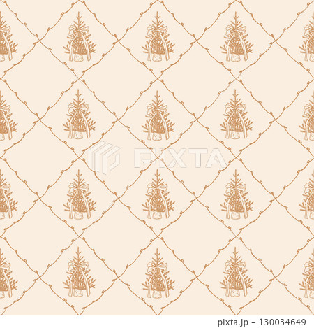Vintage vector pattern of Christmas tree with bow. New Year golden pines on beige pastel background. Rhombus pattern. Christmas retro pattern. Vintage Christmas. Vector illustration. 130034649