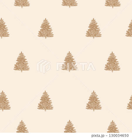 Vintage vector pattern of Christmas tree. New Year golden pines on beige pastel background. Christmas retro pattern. Vintage Christmas. Vector illustration. 130034650