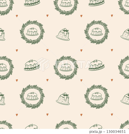 Christmas cakes, fir wreaths and hearts seamless pattern on beige background. Green, gold and beige color scheme. Christmas baking. Vintage background. Seamless retro pattern. Vector illustration. 130034651