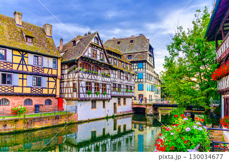 The Petite France Quarter, half-timbered houses medieval buildings and Pont du Faisan bridge across River Ill canal in old town Strasbourg city Centre Grand Island, Alsace Grand Est region, France 130034677
