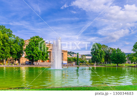 Stuttgart cityscape, garden Schlossgarten Eckensee lake with fountain and Staatstheater Stuttgart State Theatre, Staatsoper Stuttgart State Opera House in Stuttgart city historic center, Germany Stuttgart cityscape, garden Schlossgarten Eckensee lake with fountain and Staatstheater Stuttgart State Theatre, Staatsoper Stuttgart State Opera House in Stuttgart city historic center, Germany 130034683