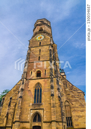 Stiftskirche Collegiate Church Evangelical-Lutheran Romanesque style building with clock tower in old town Stuttgart Mitte historic city center, Baden-Wurttemberg state, Germany Stiftskirche Collegiate Church Evangelical-Lutheran Romanesque style building with clock tower in old town Stuttgart Mitte historic city center, Baden-Wurttemberg state, Germany 130034687