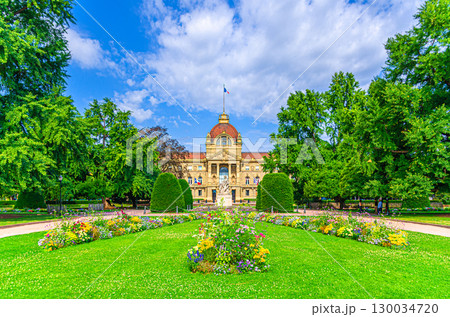 Palais du Rhin Palace of the Rhine German architecture style building, War memorial statue on Republic Square in Strasbourg city historic centre Neustadt district, Alsace Grand Est region, France 130034720