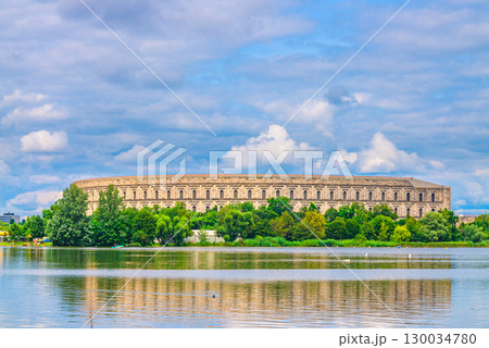 Congress Hall Kongresshalle building Documentation Center Nazi Party Rally Grounds and Great Dutzendteich Lake water, Dokumentationszentrum in Nuremberg city, Middle Franconia region, Germany Congress Hall Kongresshalle building Documentation Center Nazi Party Rally Grounds and Great Dutzendteich Lake water, Dokumentationszentrum in Nuremberg city, Middle Franconia region, Germany 130034780