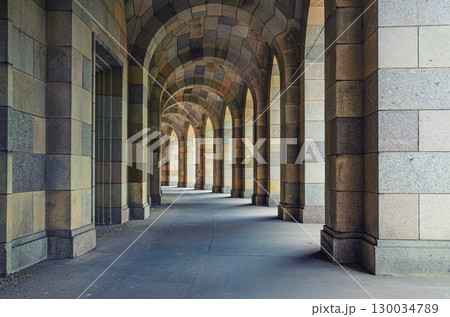 Arcade corridor archways gallery way around Congress Hall Kongresshalle building Documentation Center in Nuremberg city, Middle Franconia region, Bavaria state, Germany 130034789
