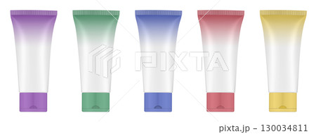 Set of multicolored gradient tubes. 3d mockup. Rainbow palette. Purple, blue, green, yellow and red 130034811